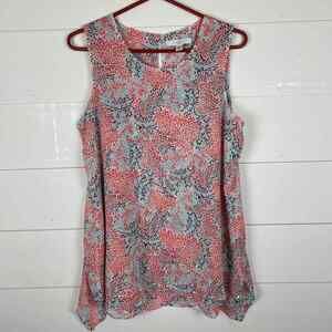 Fever Blouse Womens Medium Red Blue Silky Top Sleeveless Asymmetrical Hem Ladies